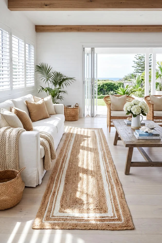 Noosa 111 Natural Runner Rug — AI styled visualisation