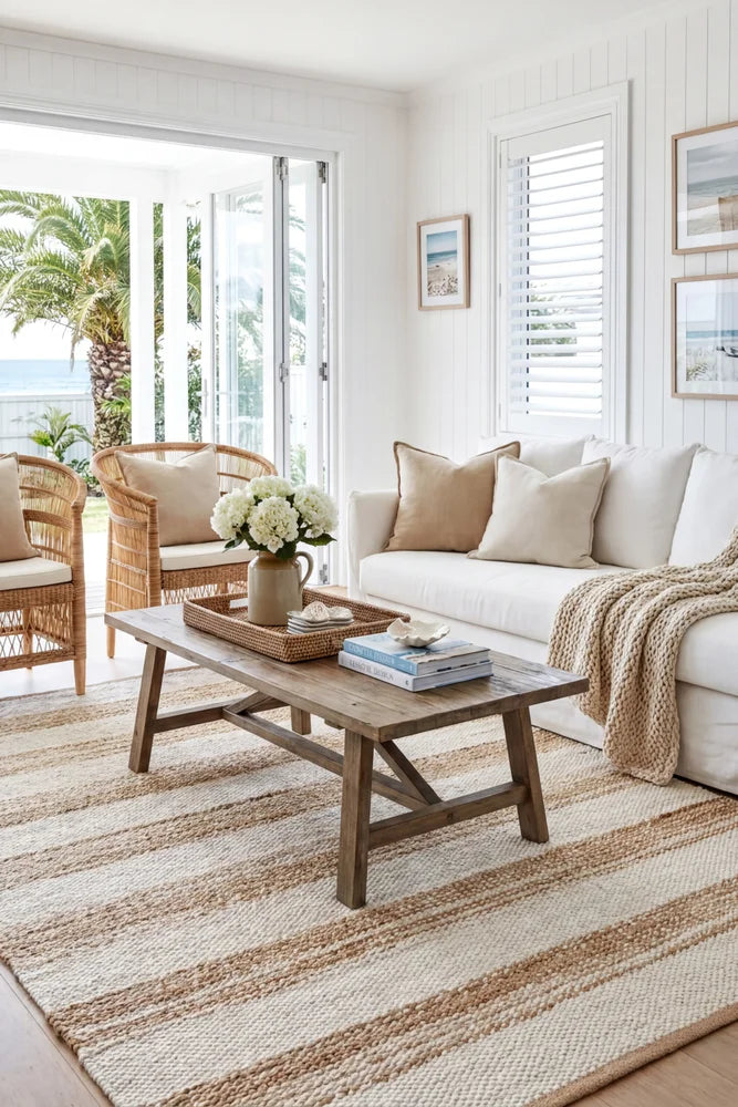 Noosa 555 Natural White Rug — AI styled visualisation
