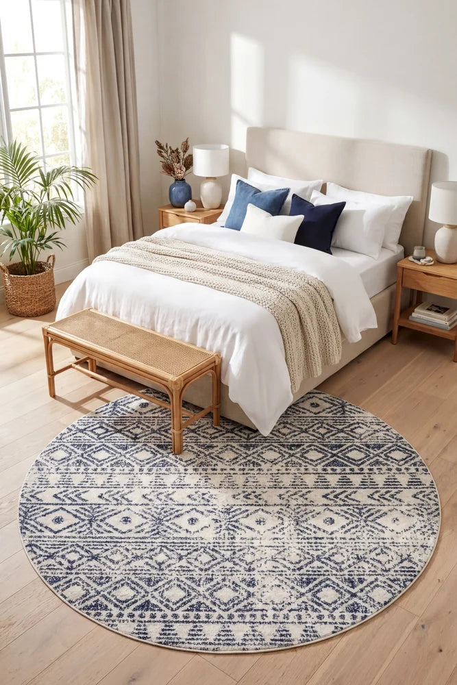 Oasis Ismail White Blue Rustic Round Rug — AI styled visualisation