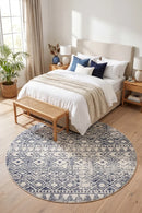 Oasis Ismail White Blue Rustic Round Rug — AI styled visualisation