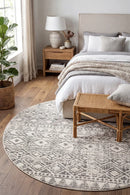 Oasis Ismail White Grey Rustic Round Rug — AI styled visualisation