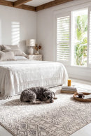 Oasis Ismail White Grey Rustic Rug — AI styled visualisation