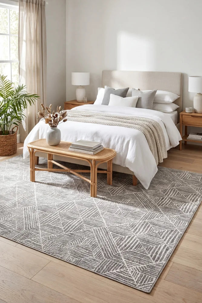 Oasis Kenza Contemporary Silver Rug — AI styled visualisation