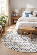 Oasis Nadia White Blue Rustic Tribal Round Rug — AI styled visualisation