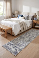Oasis Nadia White Blue Rustic Tribal Runner Rug — AI styled visualisation