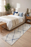 Oasis Noah White Blue Contemporary Runner Rug — AI styled visualisation