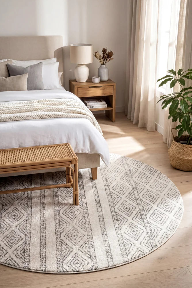 Oasis Salma White And Grey Tribal Round Rug — AI styled visualisation