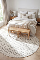 Oasis Selma White Grey Tribal Round Rug — AI styled visualisation
