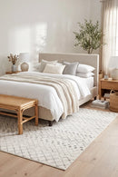 Oasis Selma White Grey Tribal Rug — AI styled visualisation