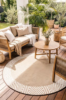 Olympia Beige Round Outdoor Rug — AI styled visualisation