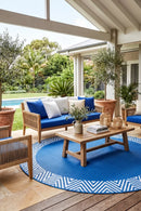 Olympia Blue Reversible Round Outdoor Rug — AI styled visualisation