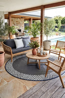 Olympia Grey Round Reversible Outdoor Rug — styled outdoor setting