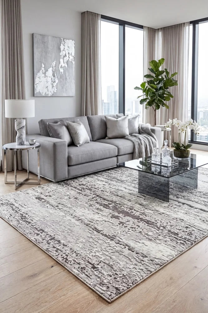 Opulence Sophia Silver Rug — AI styled visualisation