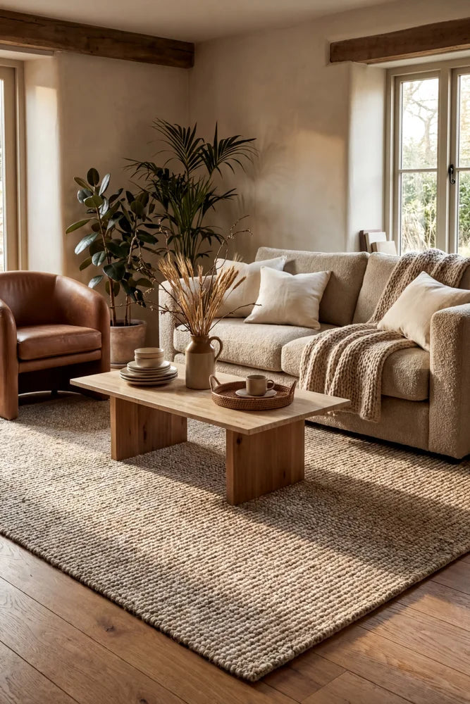 Orion Beech Wool Rug — AI styled visualisation
