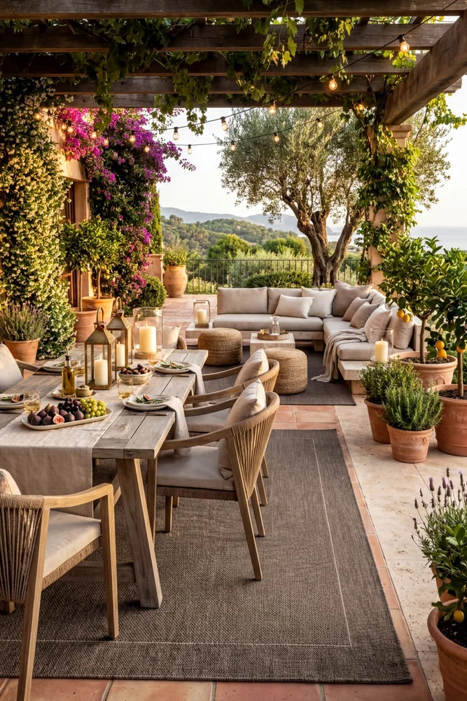 Alfresco 88 Charcoal Outdoor Rug — styled outdoor setting