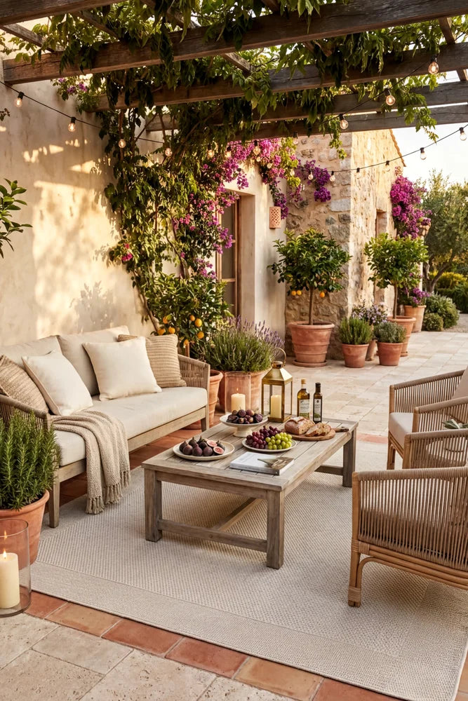 Alfresco 69 Ivory Outdoor Rug — styled outdoor setting
