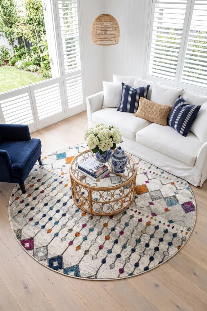 Peggy Tribal Morrocan Style Multi Round Rug — AI styled visualisation