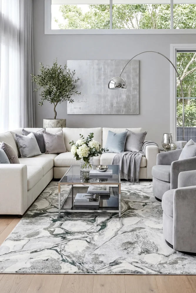 Prisma Emerald Green Abstract Rug — AI styled visualisation