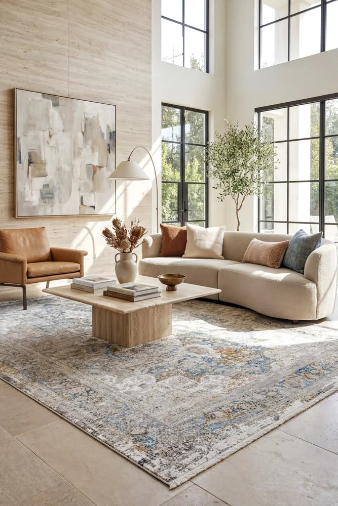 Reflections 104 Blue Rug — AI styled visualisation