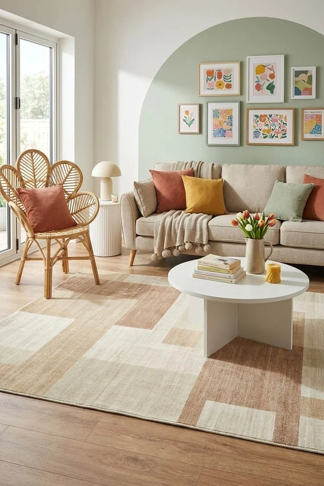 Revive Jaye Beige Washable Rug — AI styled visualisation