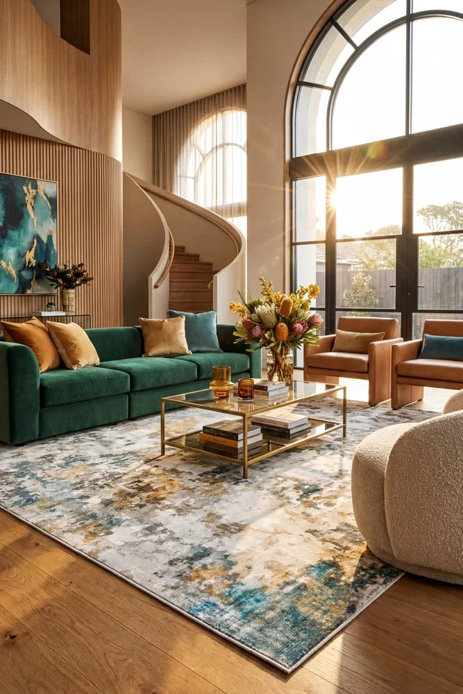 Revive Zane Marine Washable Rug — AI styled visualisation