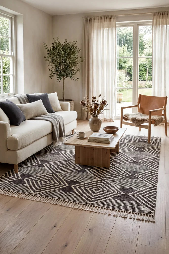 Rhythm Dance Charcoal Rug — AI styled visualisation