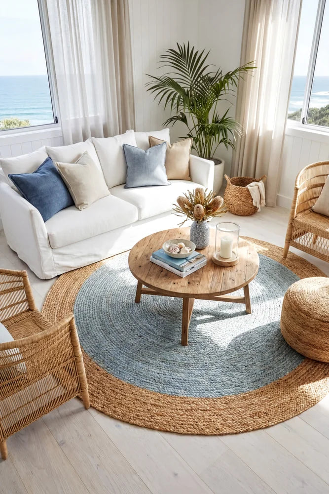 Round Jute Natural Rug Blue — AI styled visualisation