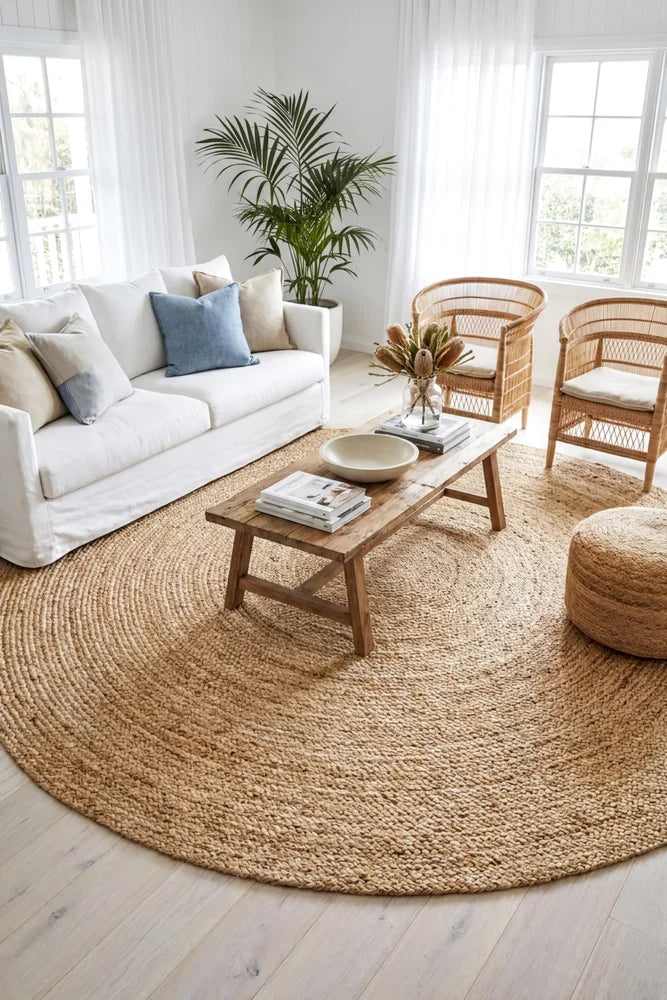 Round Jute Natural Rug — AI styled visualisation
