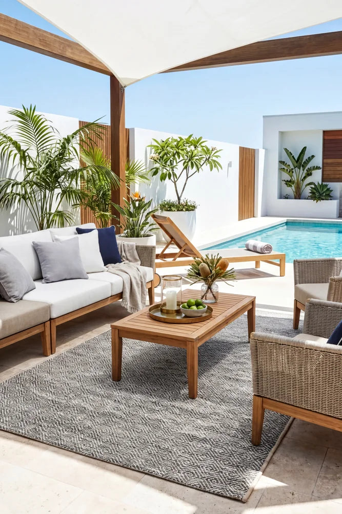 Terrace 5500 Grey Rug — styled outdoor setting
