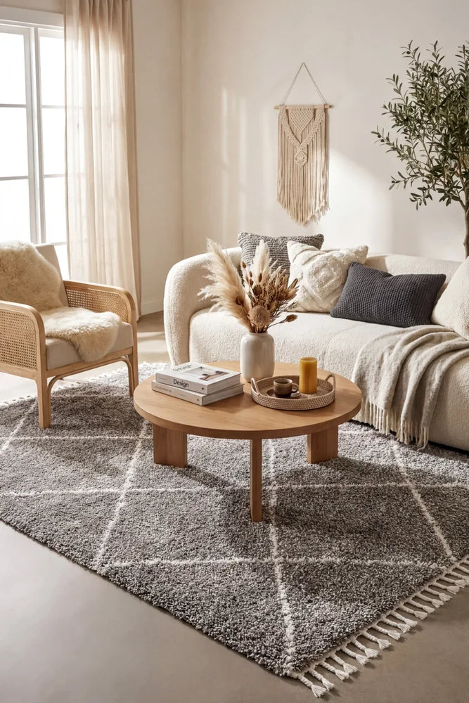 Saffron 22 Grey Rug — AI styled visualisation