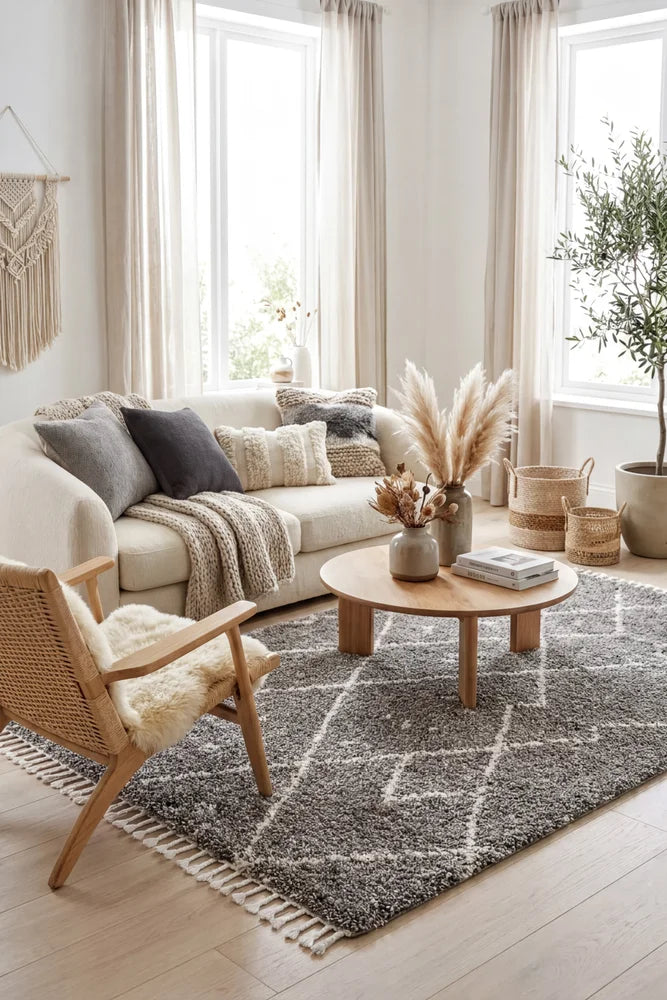 Saffron 44 Grey Rug — AI styled visualisation