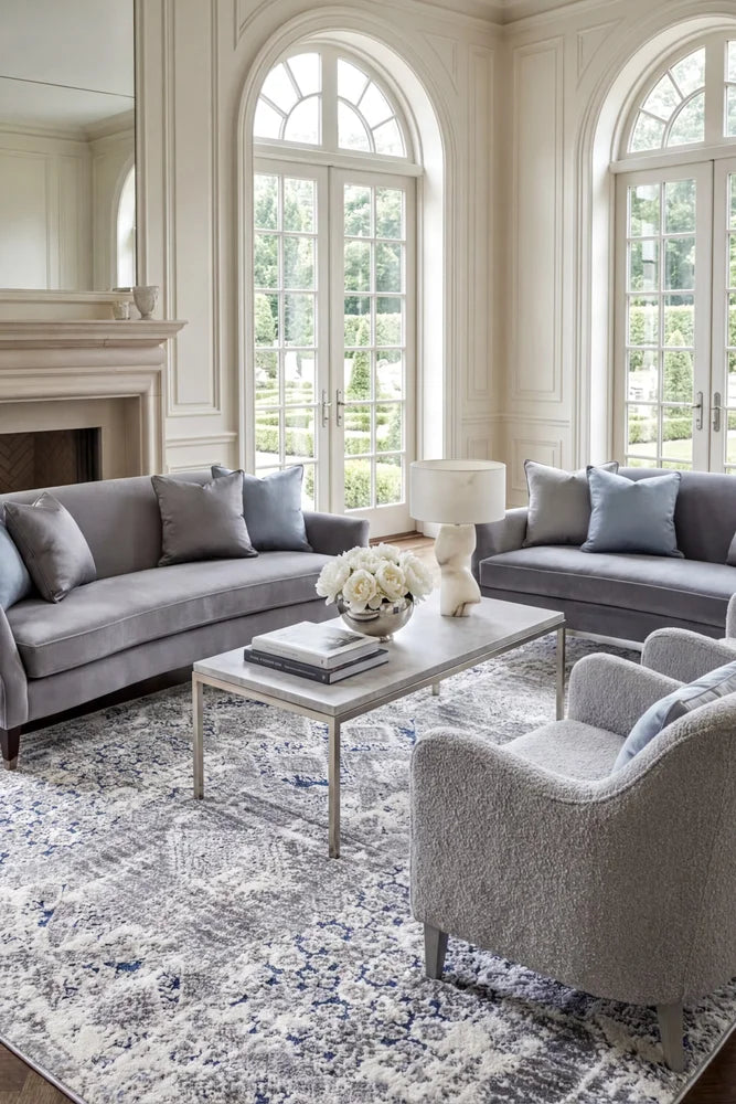 Roman Grey Pail Rug — AI styled visualisation
