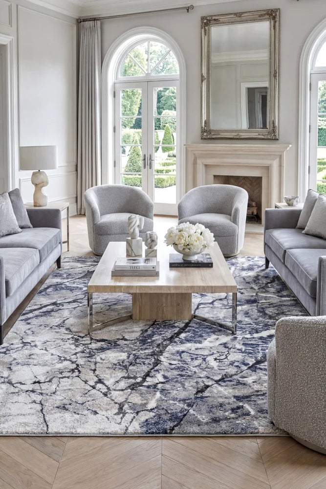 Roman Oceanic Blue Rug — AI styled visualisation