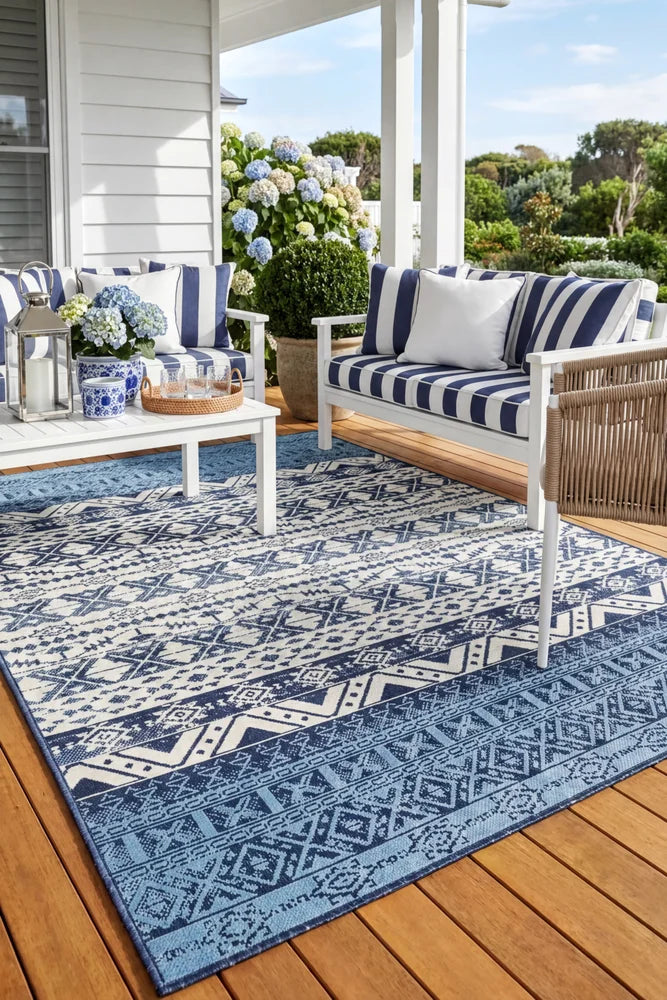 Seaside 3333 White Blue Rug — styled outdoor setting