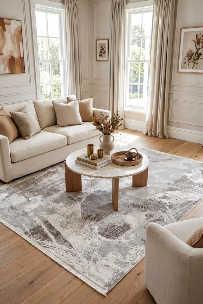 Eternal 70 Beige Grey Rug — AI styled visualisation