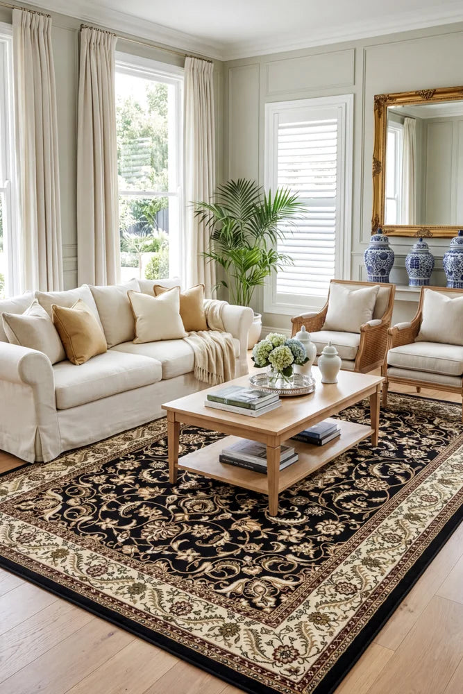 Sydney Medallion Rug Black with Ivory Border — AI styled visualisation