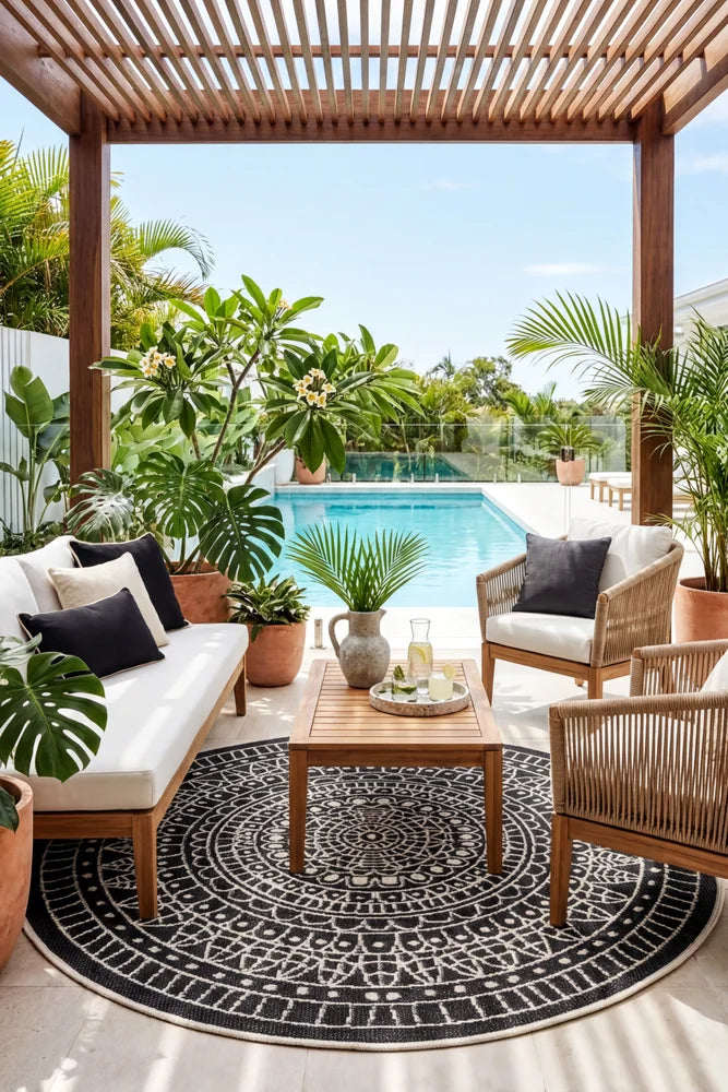 Terrazzo 39 Reversible Round Black — styled outdoor setting