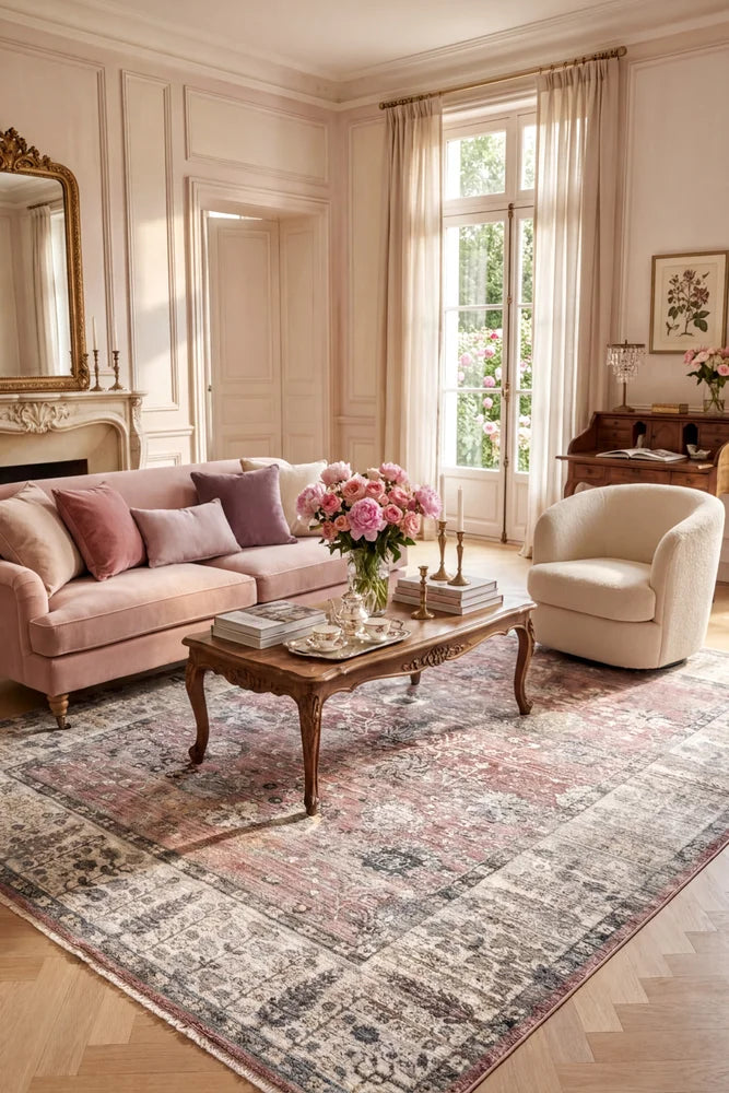 Tuscany Rose Balm Rug — AI styled visualisation