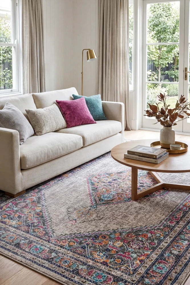 Whisper Diamond Grey Rug — AI styled visualisation
