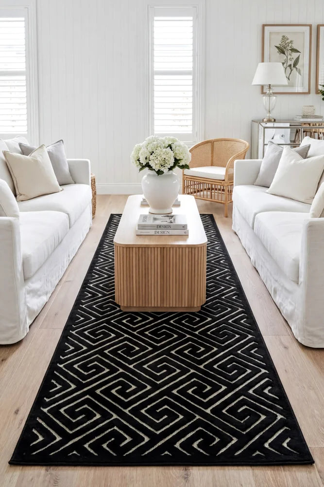 York Alice Black & Gold Runner Rug — AI styled visualisation
